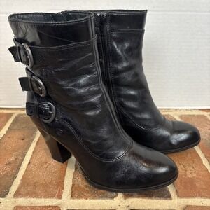Born Ankle Boots Womens Sz 7 Black Leather Buckle Moto Heeled Retro Zip Up Boho